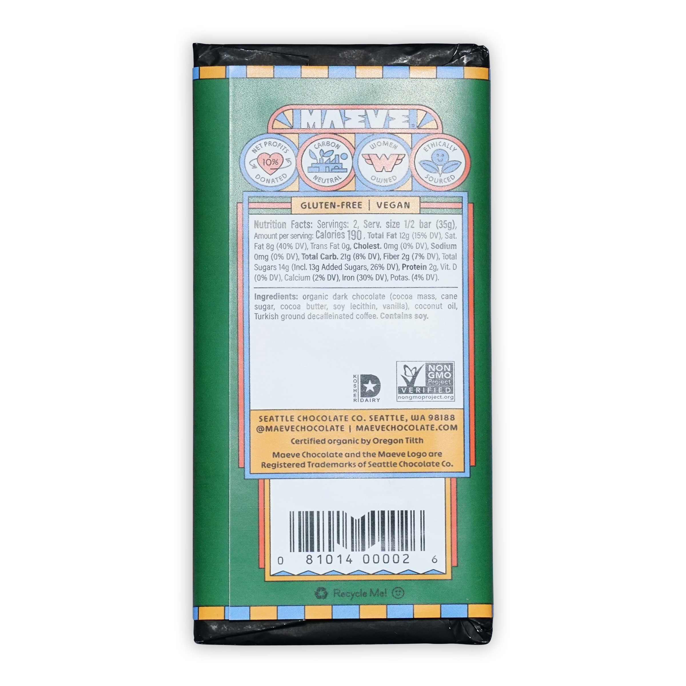 Maeve Pike Place Espresso Truffle Bar with green orange wrapper