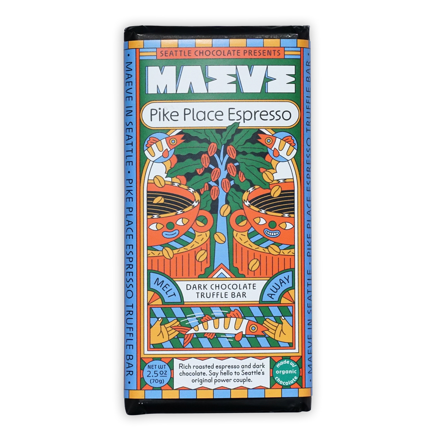 Maeve Pike Place Espresso Truffle Bar with colorful fish and coffee design