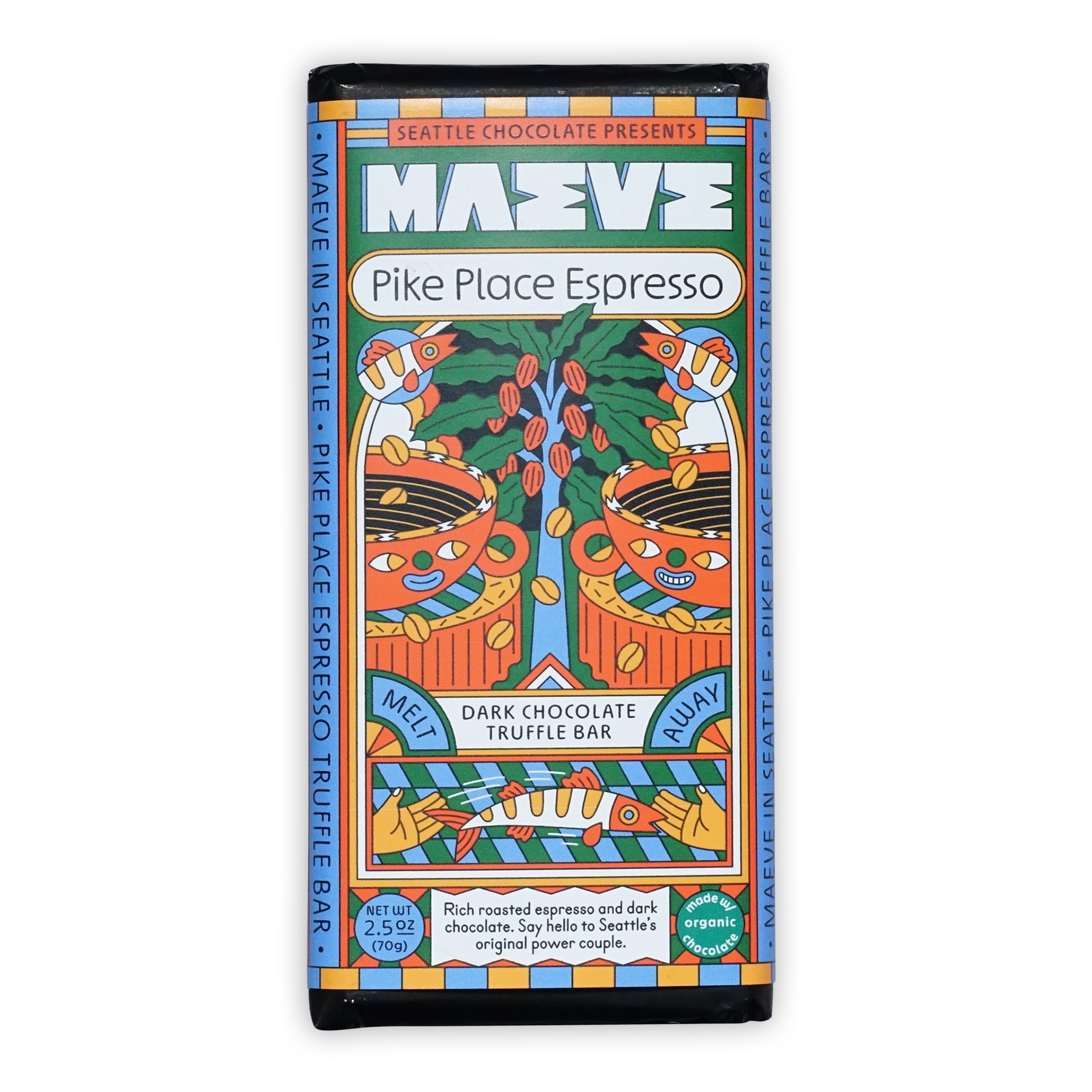 Maeve Pike Place Espresso Truffle Bar with colorful fish and coffee design