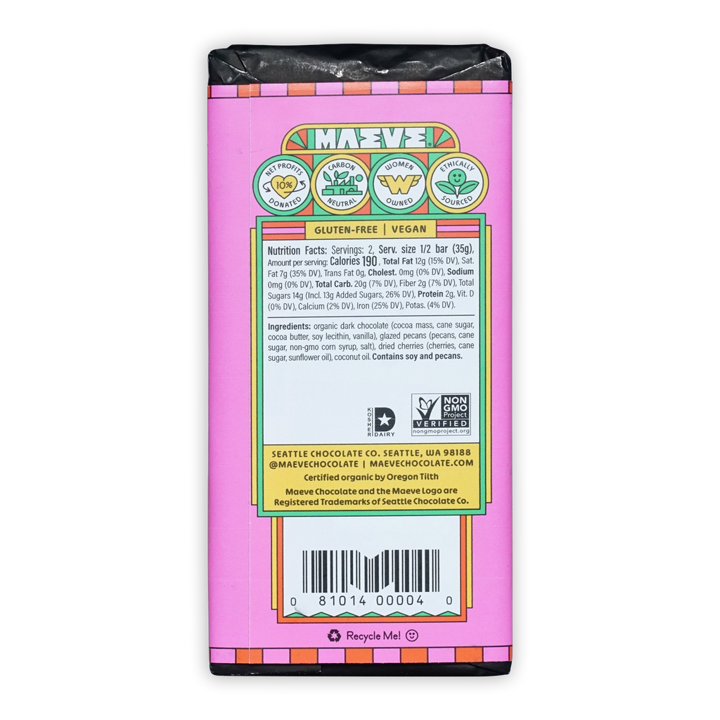 Back of Maeve Rainier Cherry Truffle Bar pink wrapper with nutrition facts