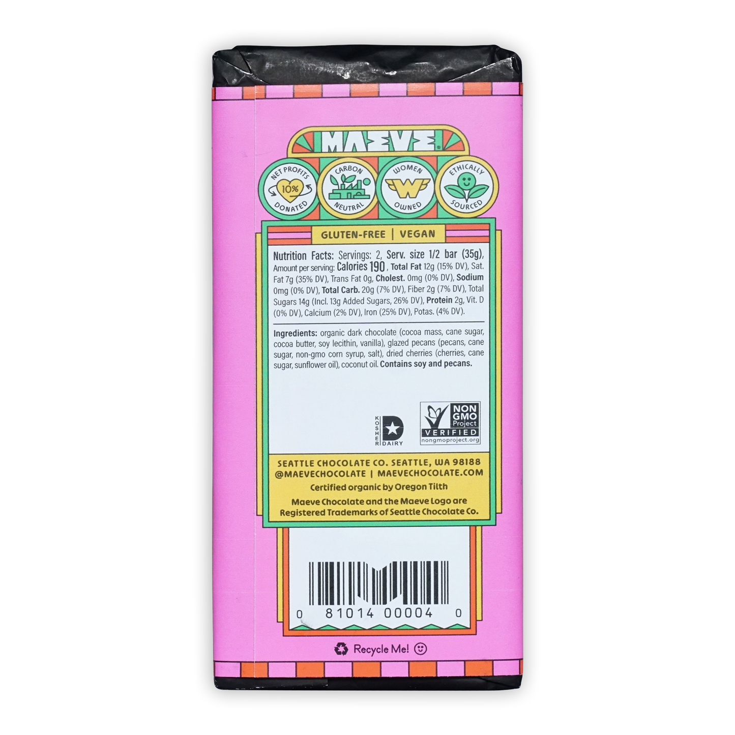 Back of Maeve Rainier Cherry Truffle Bar pink wrapper with nutrition facts