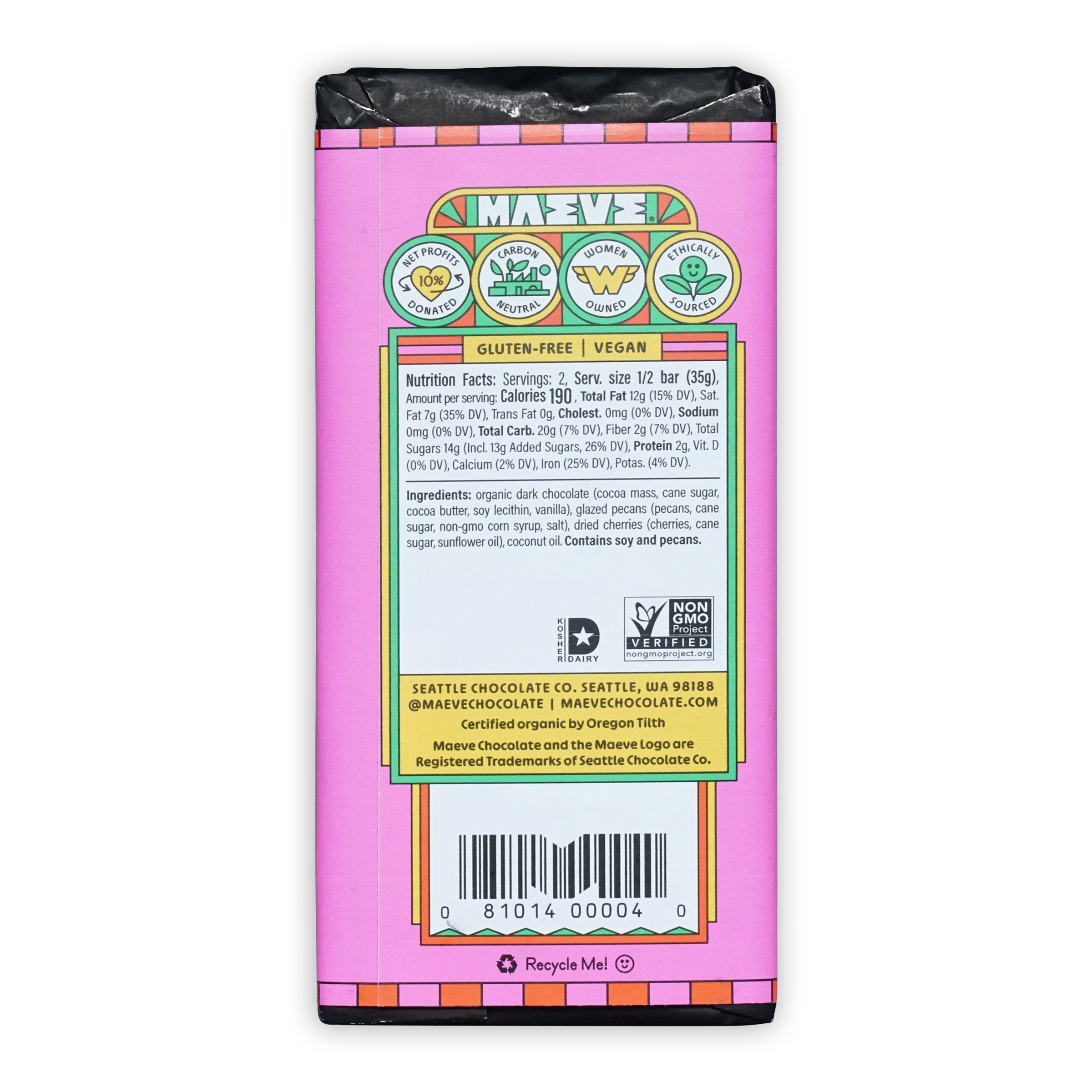 Back of Maeve Rainier Cherry Truffle Bar pink wrapper with nutrition facts
