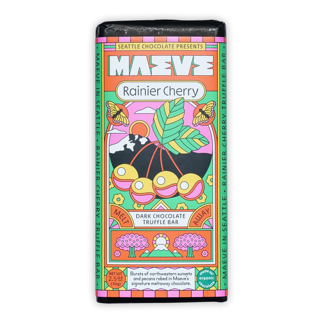 Maeve Rainier Cherry dark chocolate truffle bar wrapper