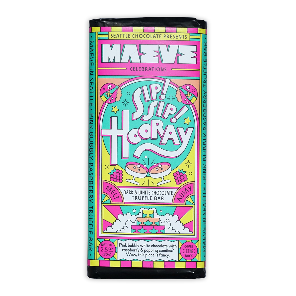 Maeve Sip Sip Hooray Truffle Bar with vibrant pink white truffle design
