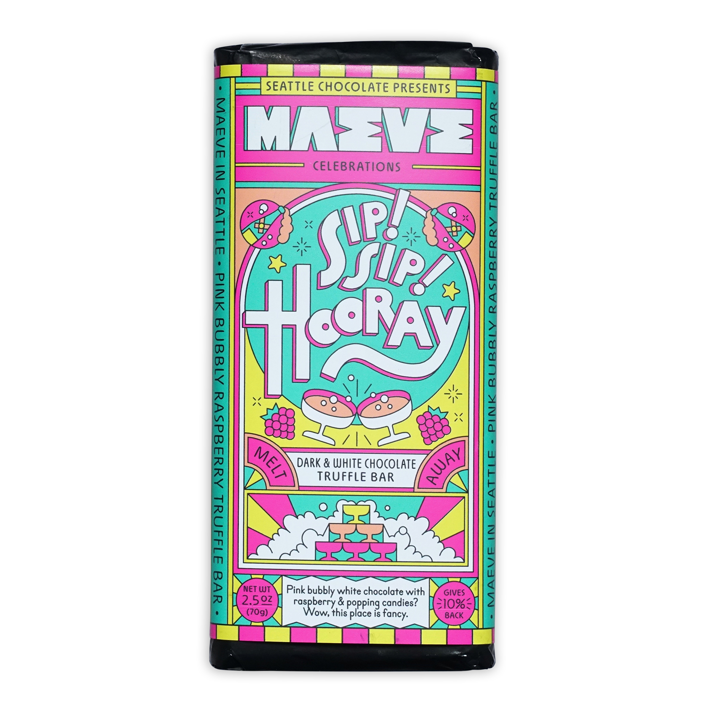 Maeve Sip Sip Hooray Truffle Bar with vibrant pink white truffle design