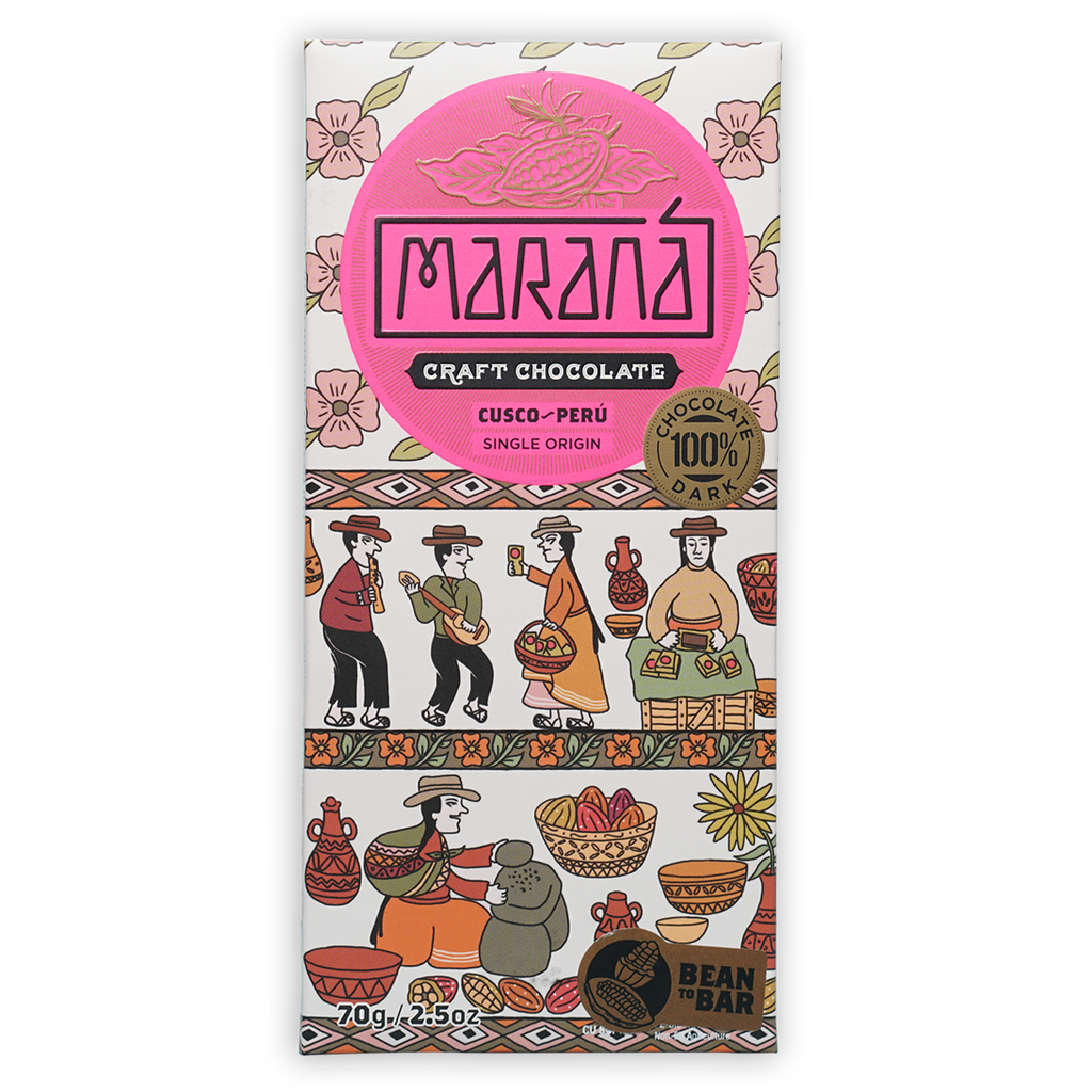 Marana Cusco Dark 100% chocolate bar in pink wrapper