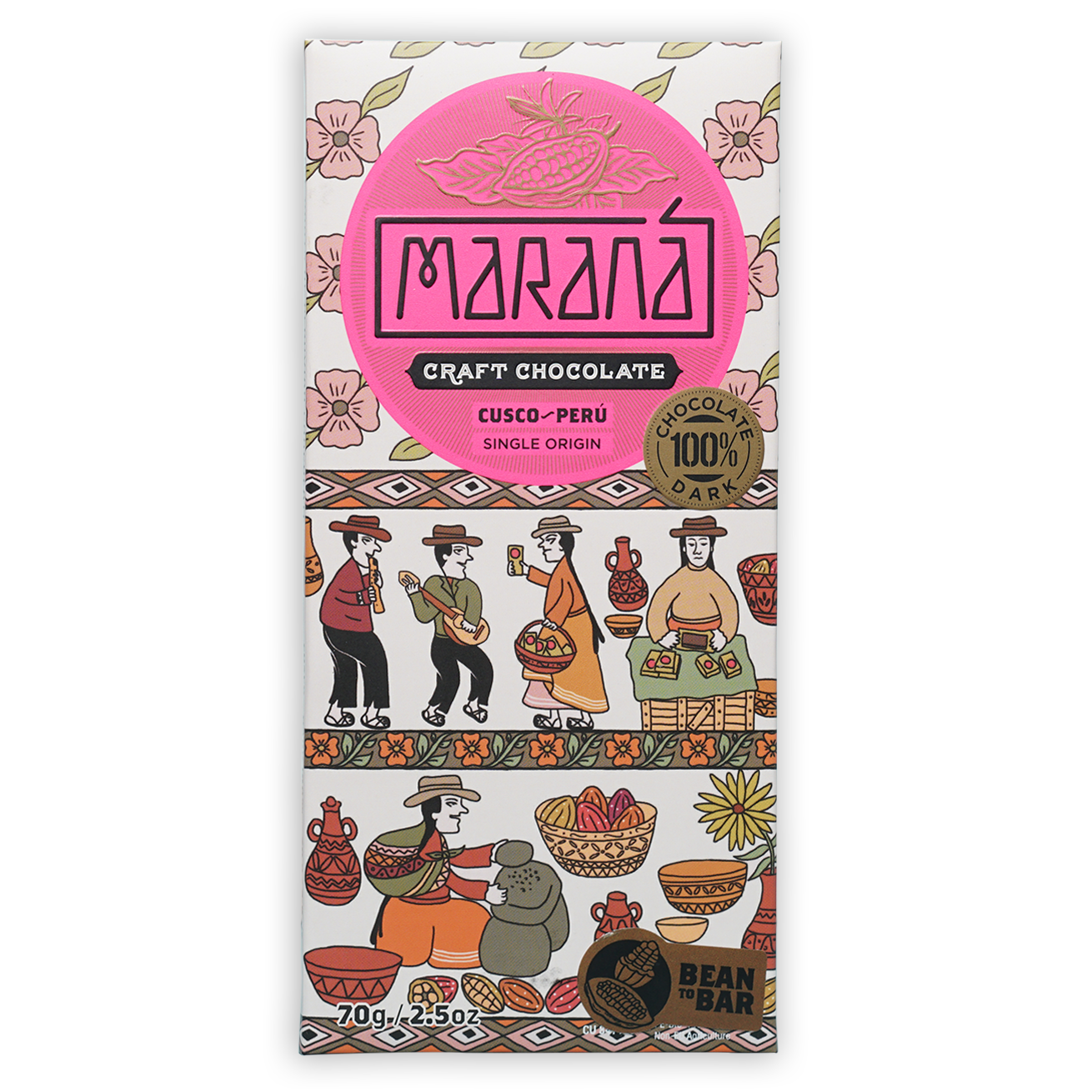 Marana Cusco Dark 100% chocolate bar in pink wrapper