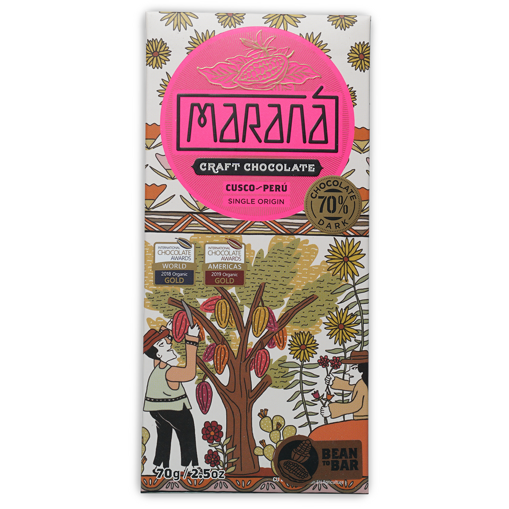 Marana Cusco Dark 70% pink white wrapped craft chocolate bar from Peru