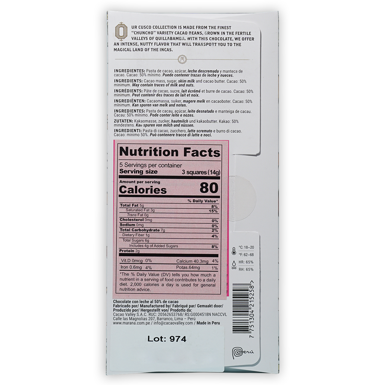 Back of Marana Cusco Milk 50% chocolate bar wrapper with pink nutrition label