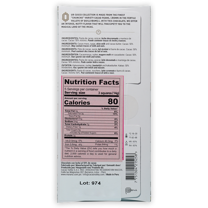 Back of Marana Cusco Milk 50% chocolate bar wrapper with pink nutrition label