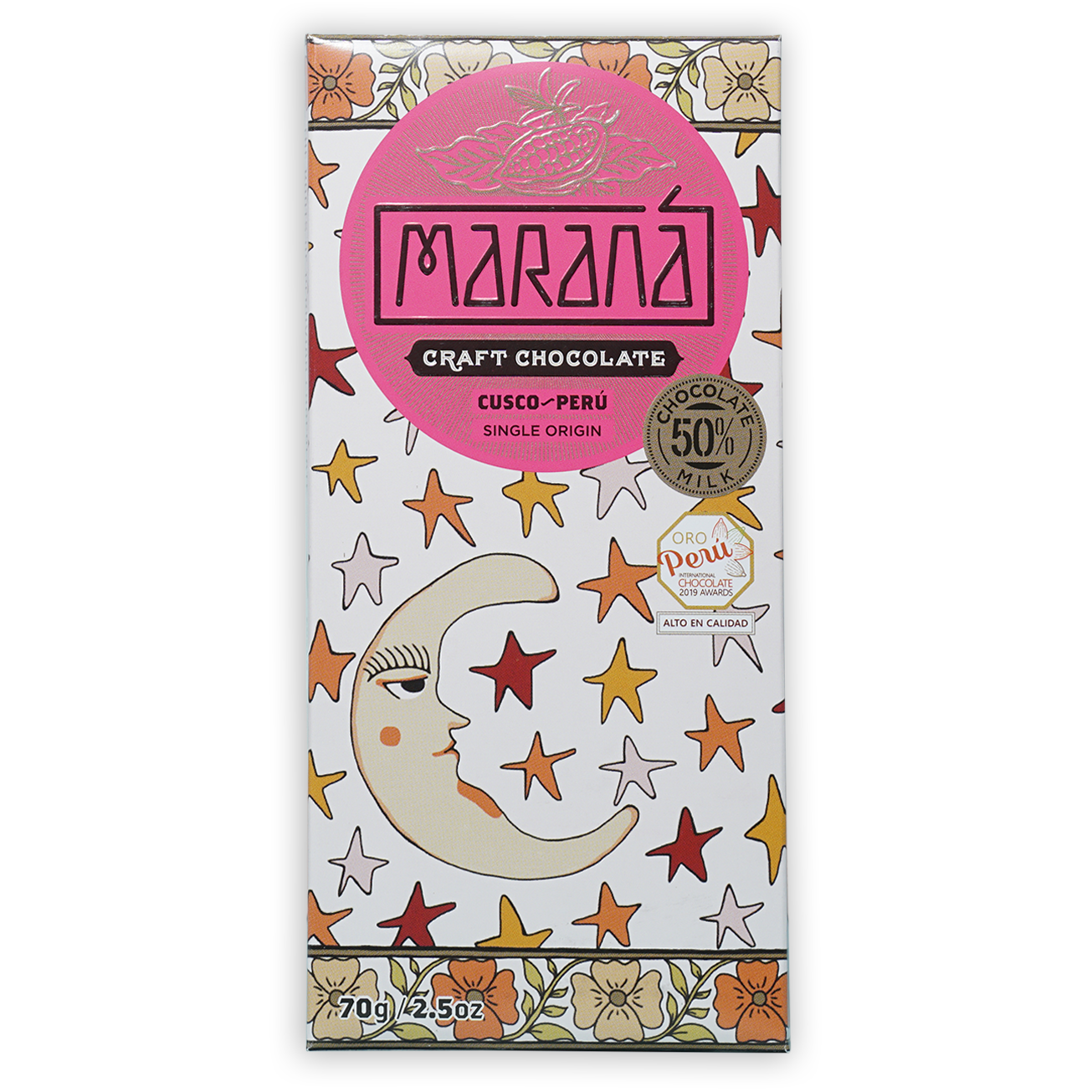 Marana Cusco Milk 50% pink white chocolate bar with moon and stars packaging
