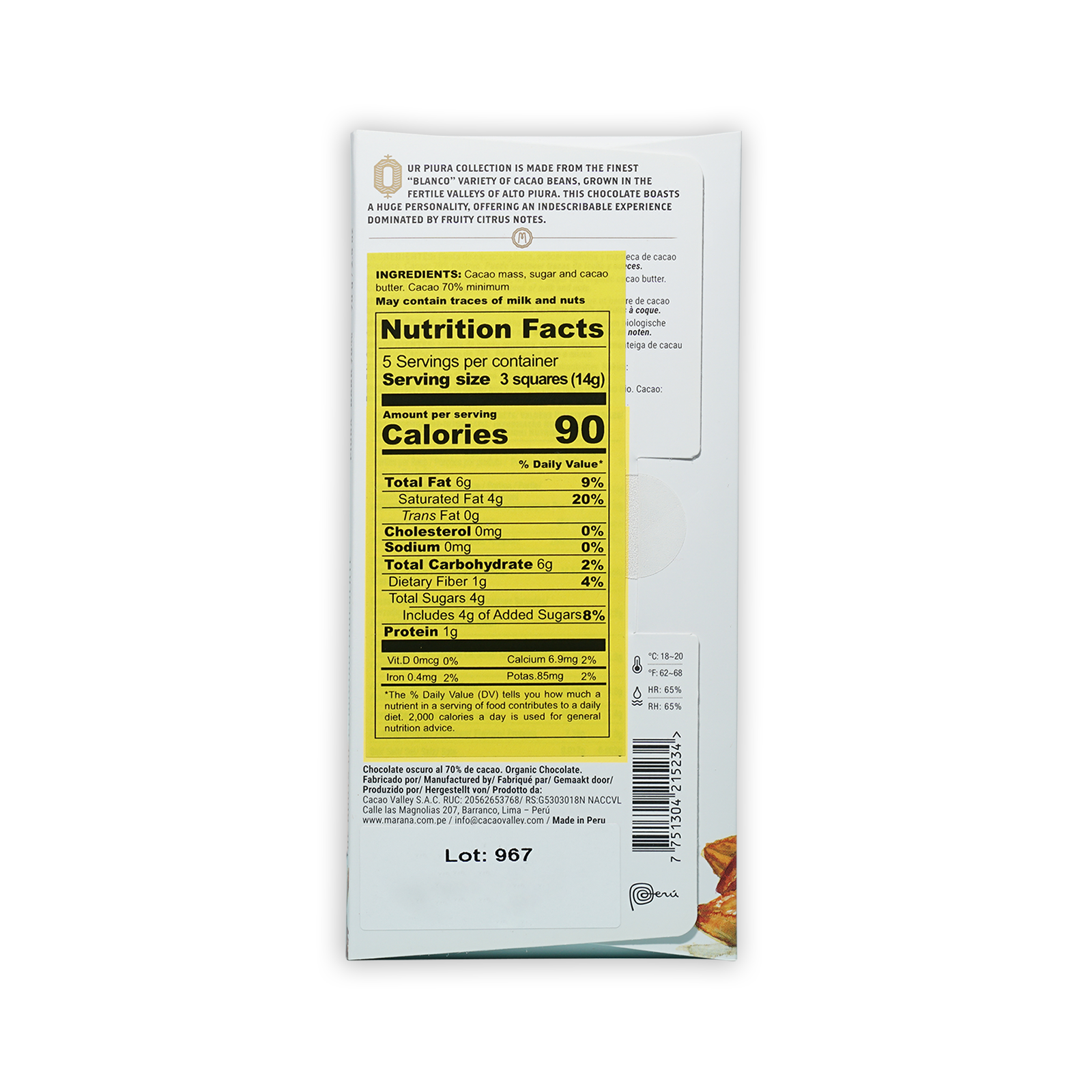 Back of Marana Piura Dark 70% chocolate bar wrapper with yellow nutrition label