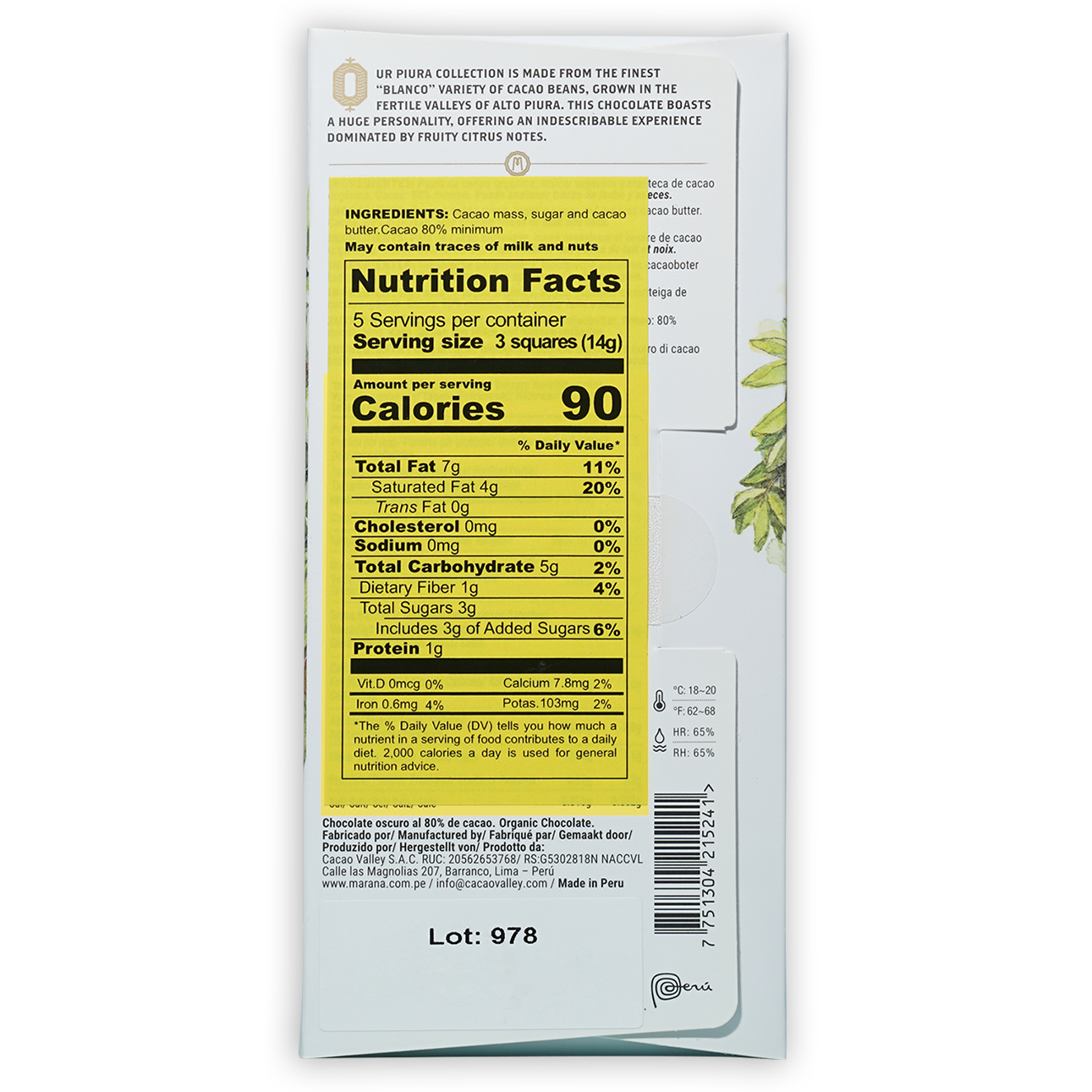 Marana Piura Dark 80% white chocolate bar wrapper with yellow nutrition label and green leaf