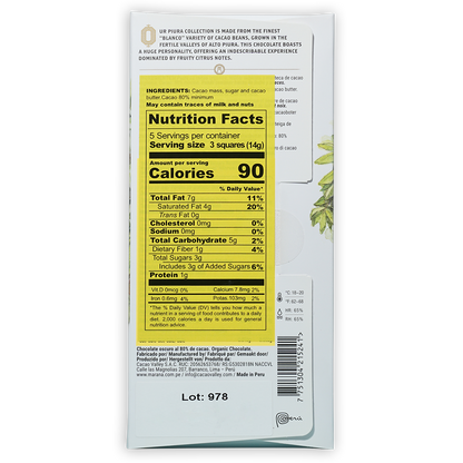 Marana Piura Dark 80% white chocolate bar wrapper with yellow nutrition label and green leaf