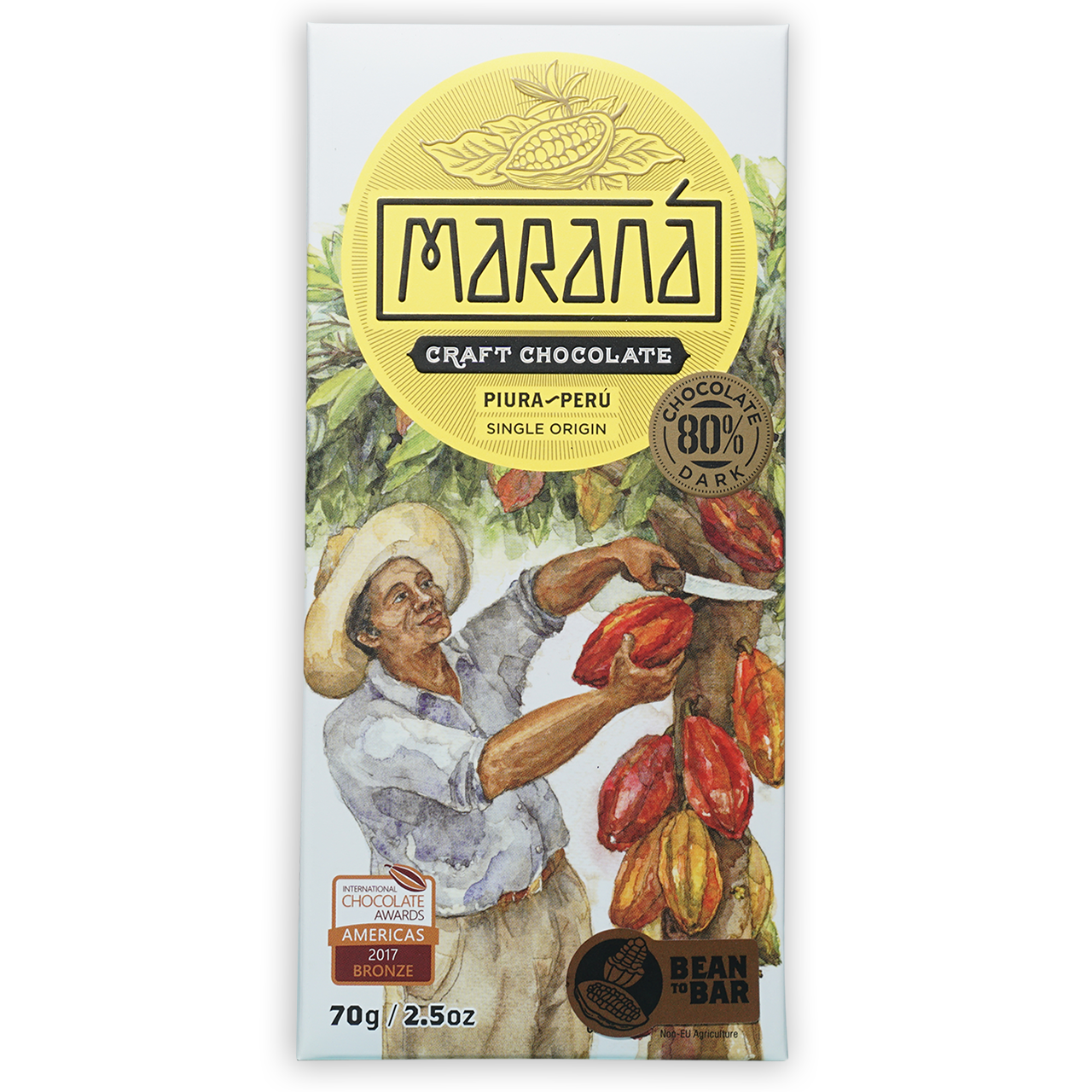 Marana Piura Dark 80% white chocolate bar wrapper with marana logo and cacao harvest illustration