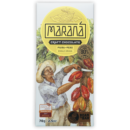 Marana Piura Dark 80% white chocolate bar wrapper with marana logo and cacao harvest illustration