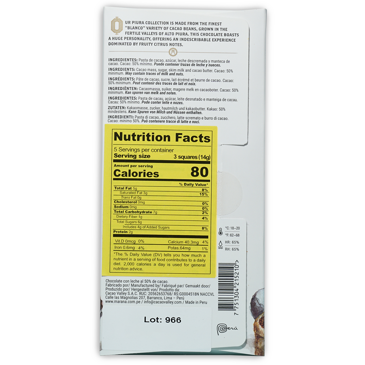 Marana Piura Milk 50% Pura white chocolate bar wrapper back with yellow nutrition label