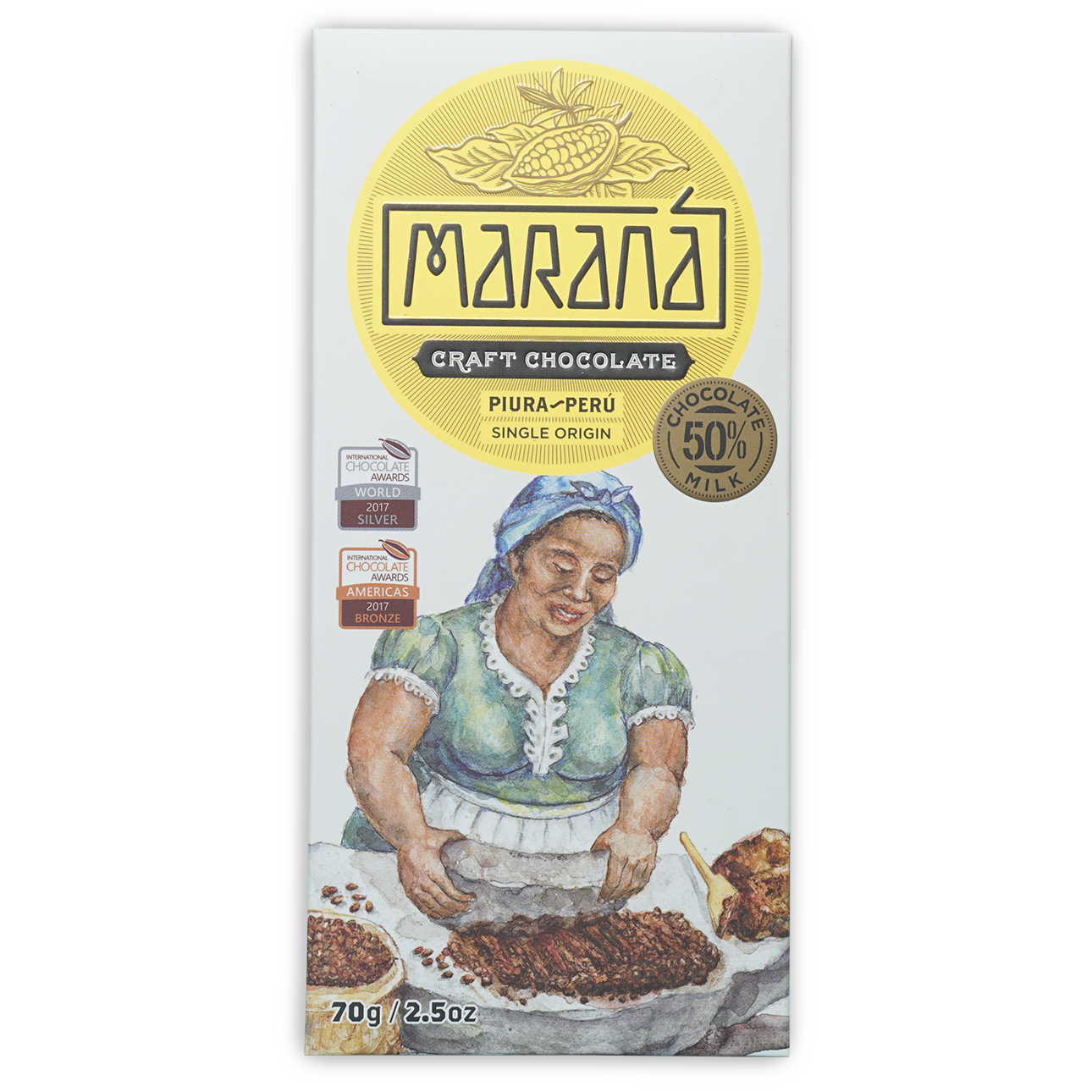 Marana Piura Milk 50% craft chocolate bar with watercolor cocoa worker art