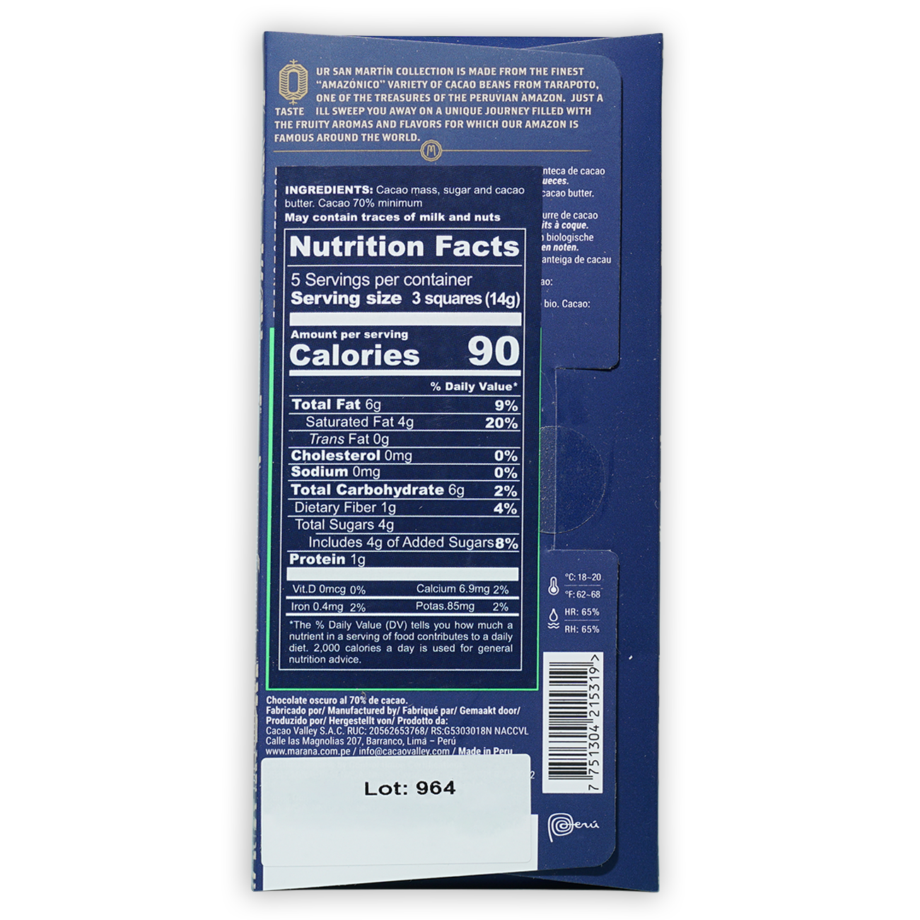 Marana San Martin 70% dark blue chocolate bar wrapper with Ur San Martin branding