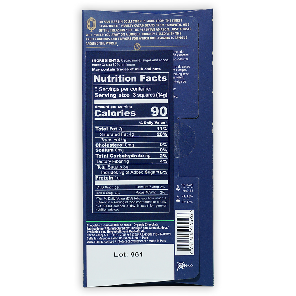 Marana San Martin 80% dark blue chocolate bar wrapper with Ur San Martin branding