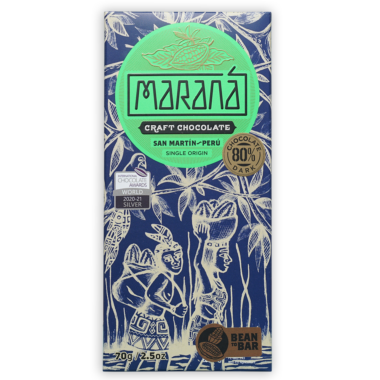 Marana San Martin 80% dark chocolate bar in blue wrapper