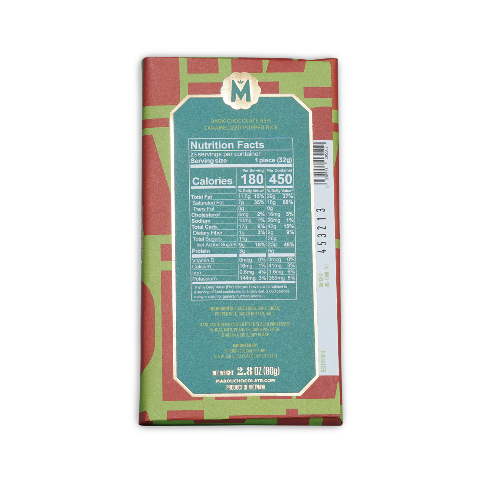 Marou Maison Popped Rice 65% dark chocolate bar with colorful geometric wrapper