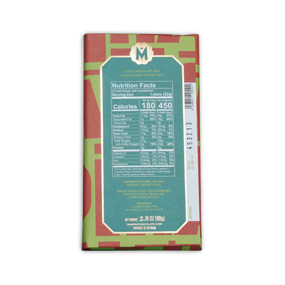 Marou Maison Popped Rice 65% dark chocolate bar with colorful geometric wrapper