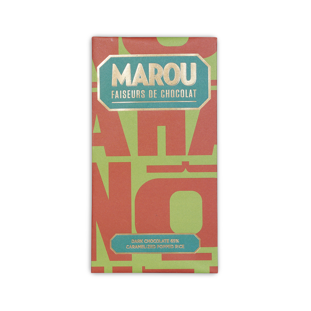 Marou Maison Popped Rice 65% dark chocolate bar in red green foil