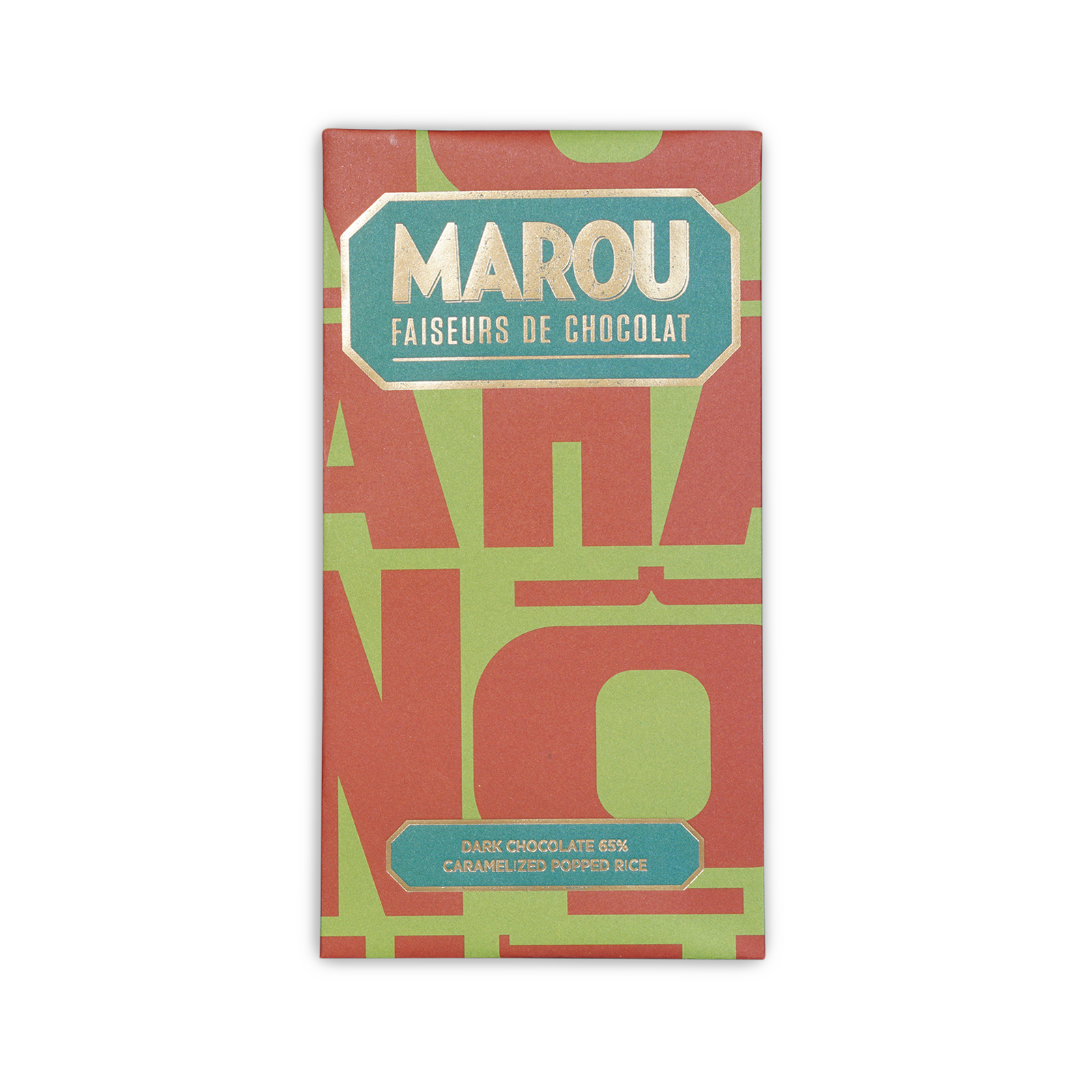 Marou Maison Popped Rice 65% dark chocolate bar in red green foil