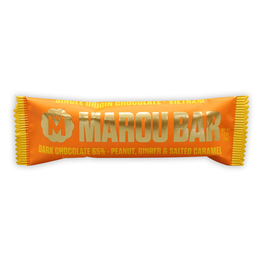 Vibrant orange yellow foil Marou Peanut Ginger Caramel 65% bar