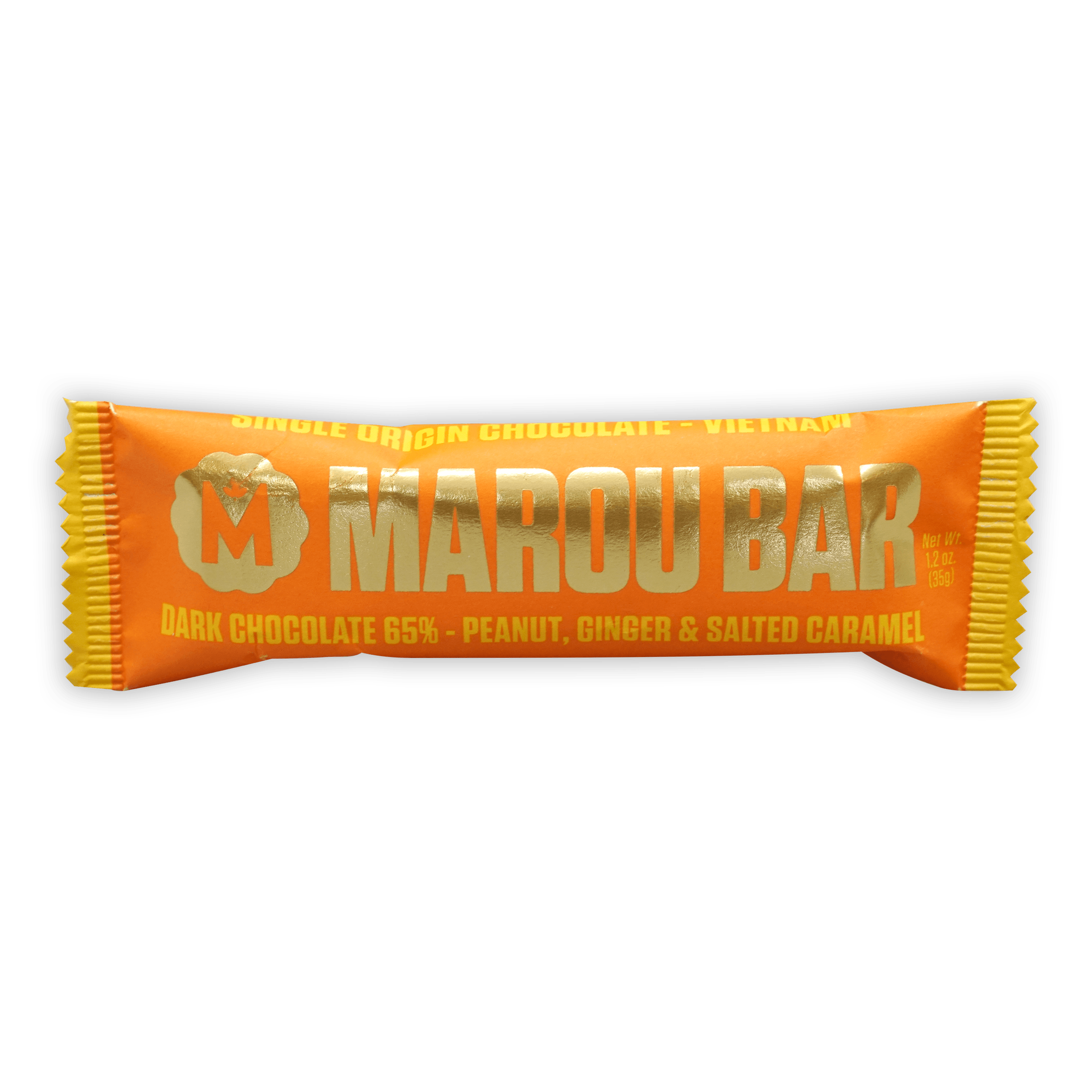 Vibrant orange yellow foil Marou Peanut Ginger Caramel 65% bar