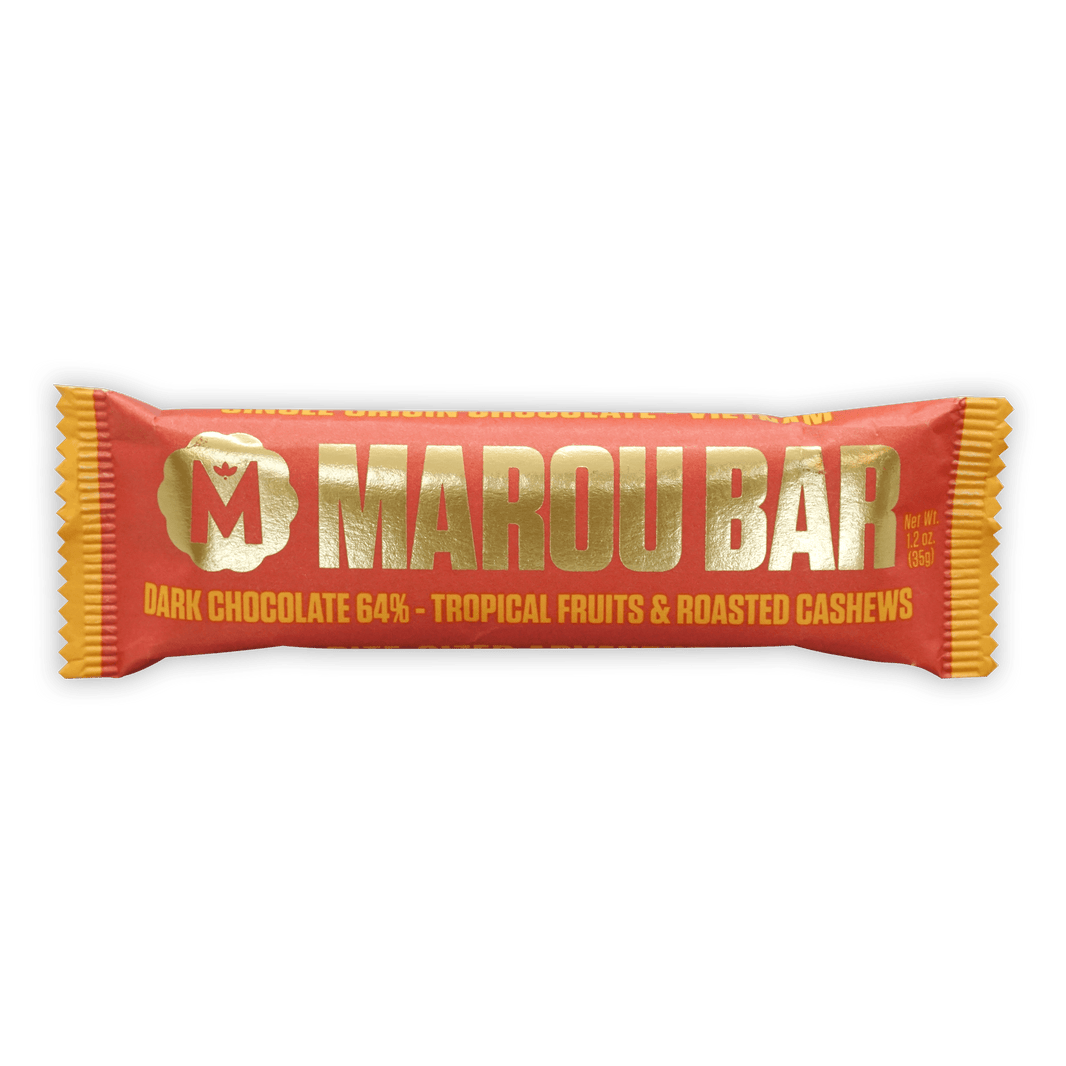Marou Tropical Fruits & Cashews 64% red gold bar with dark chocolate