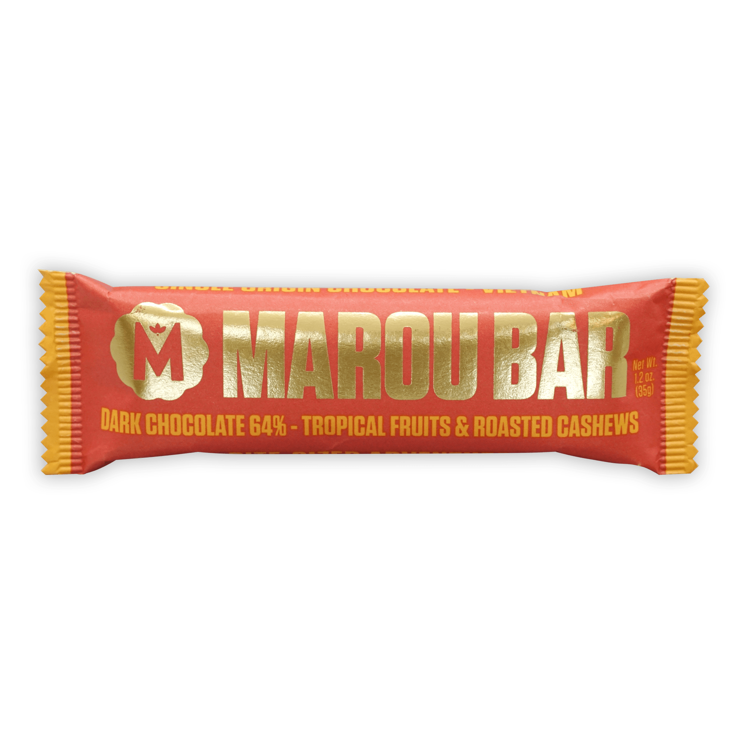 Marou Tropical Fruits & Cashews 64% red gold bar with dark chocolate