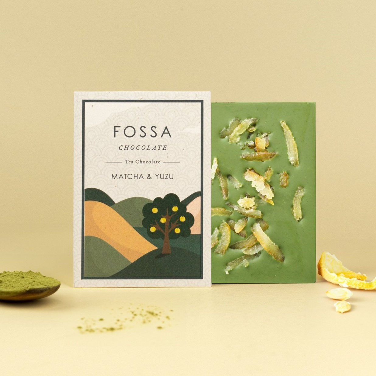 Fossa White Chocolate Matcha & Yuzu bar with textured zest surface