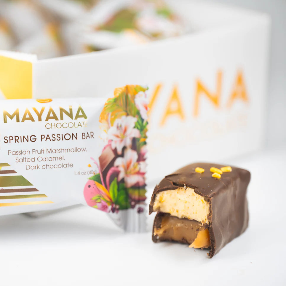 Mayana Chocolate Spring Passion Bar with packaging on a white background