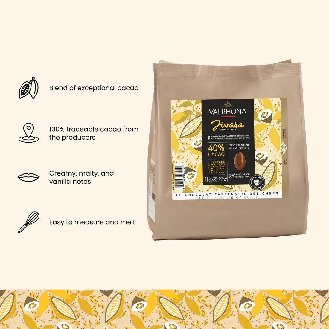 Valrhona Jivara 40% milk chocolate 1kg resealable bag with cocoa bean label