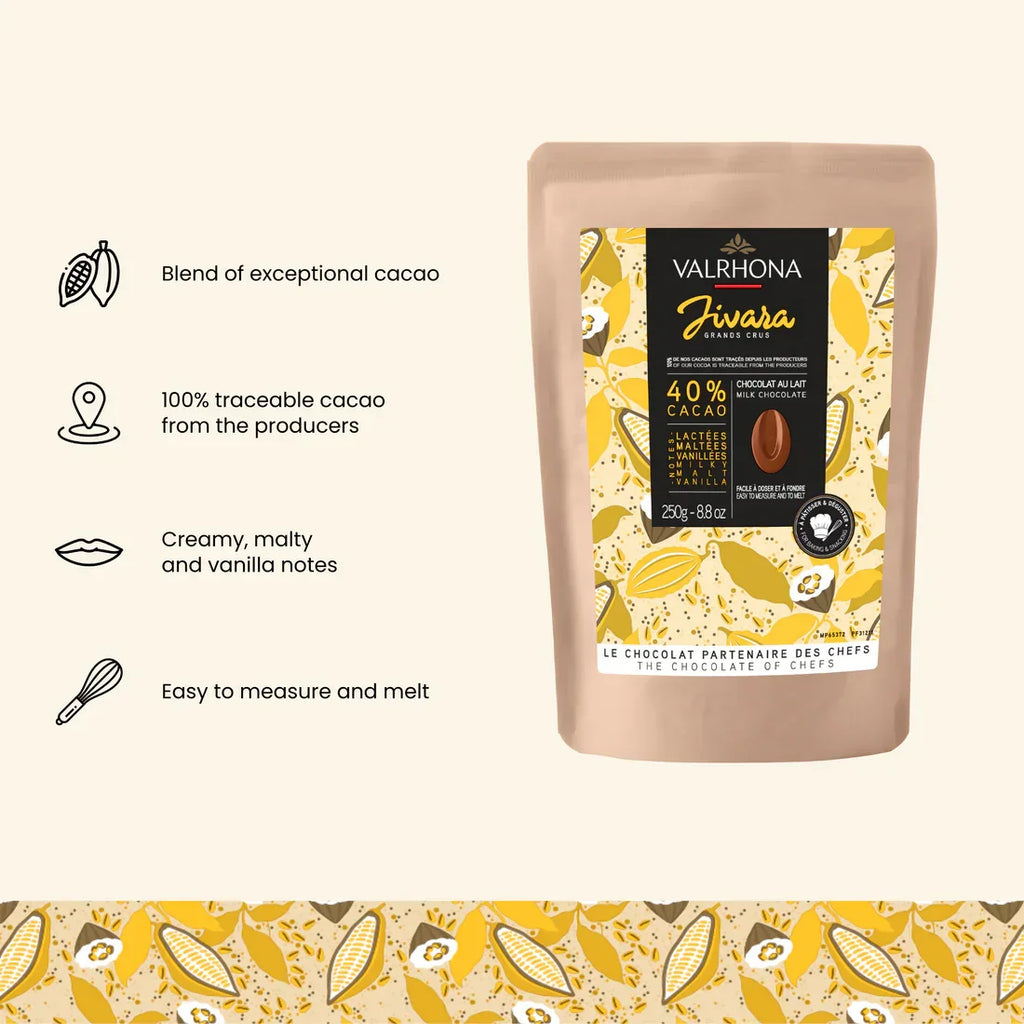 Valrhona Jivara 40% milk chocolate baking feves in resealable pouch