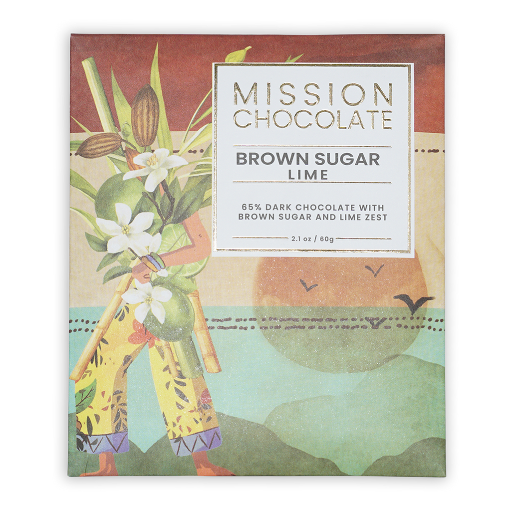 Mission Chocolate brown sugar lime 65% dark chocolate bar in tropical box