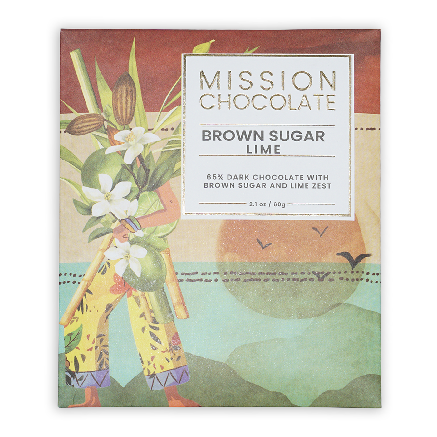 Mission Chocolate brown sugar lime 65% dark chocolate bar in tropical box