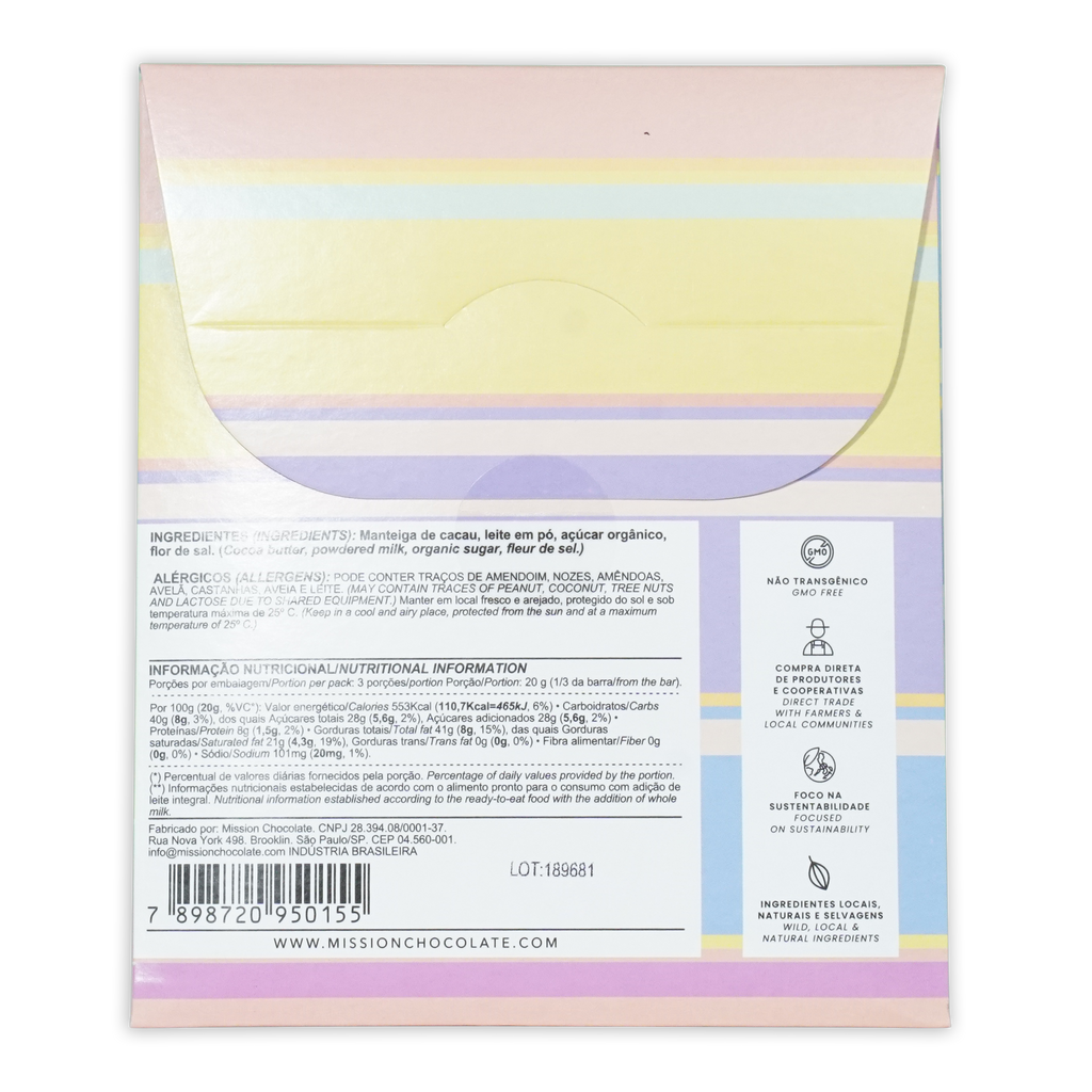 Mission chocolate dulce de leche and fleur de sel white chocolate bar with pastel lavender yellow and mint green striped wrapper