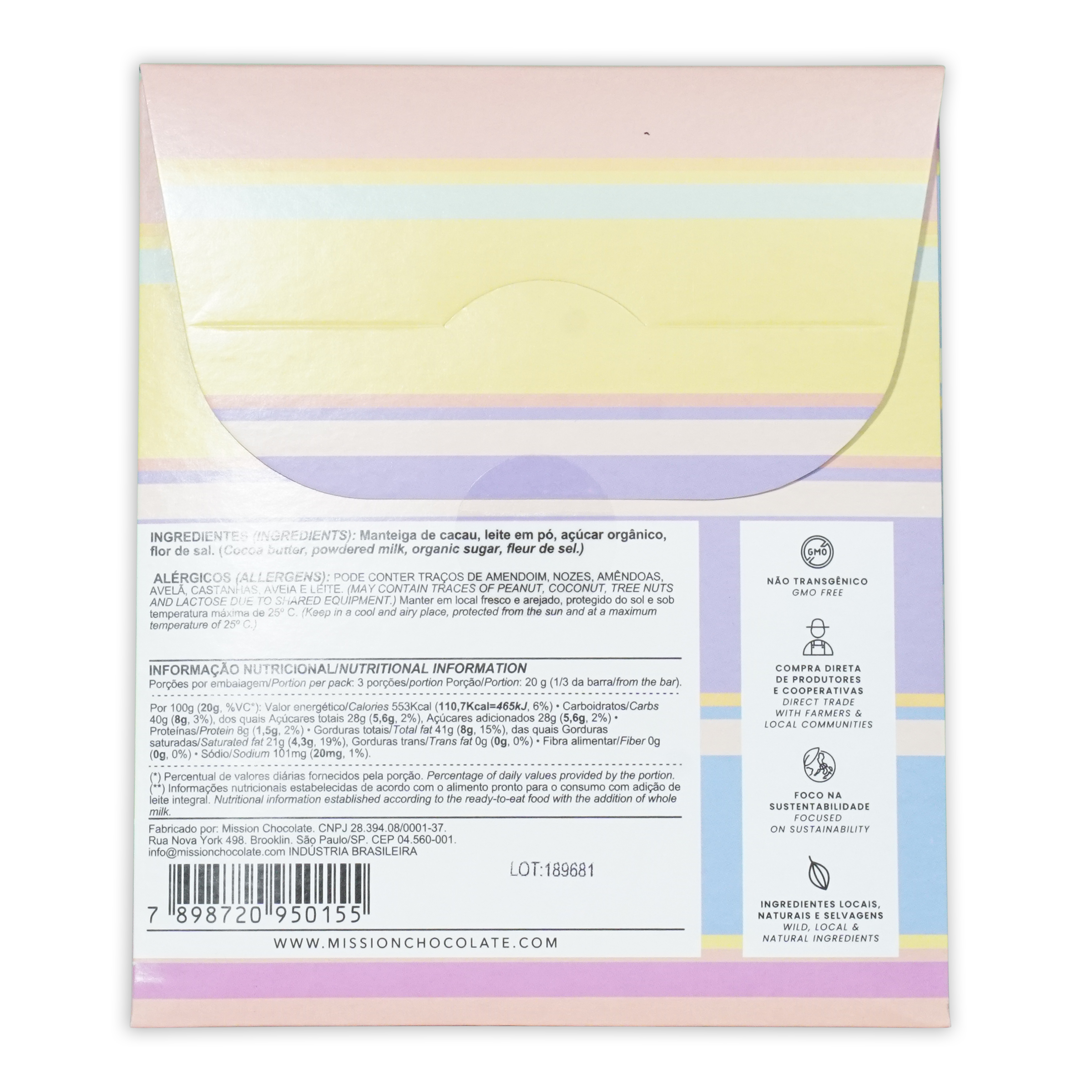 Mission chocolate dulce de leche and fleur de sel white chocolate bar with pastel lavender yellow and mint green striped wrapper