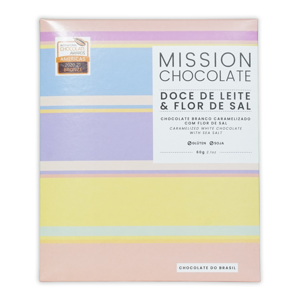 Pastel-striped box of Mission Chocolate dulce de leche and fleur de sel white chocolate with caramelized sea salt