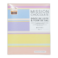 Pastel-striped box of Mission Chocolate dulce de leche and fleur de sel white chocolate with caramelized sea salt