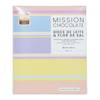 Pastel-striped box of Mission Chocolate dulce de leche and fleur de sel white chocolate with caramelized sea salt