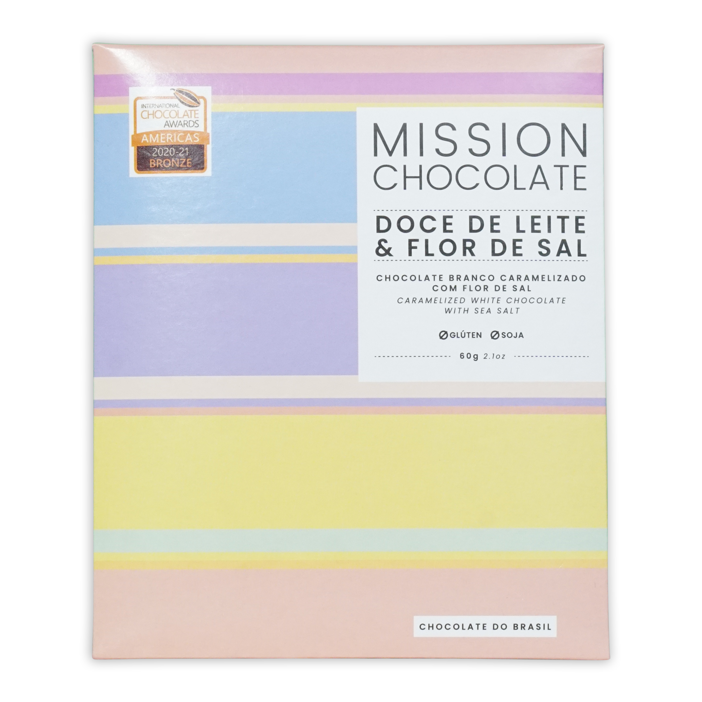 Pastel-striped box of Mission Chocolate dulce de leche and fleur de sel white chocolate with caramelized sea salt