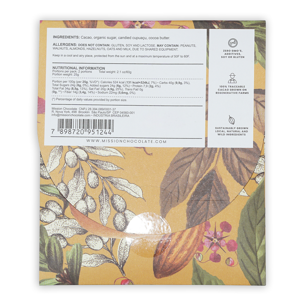 Back of Mission Chocolate Cupuacu 70% bar wrapper with cocoa pod illustration