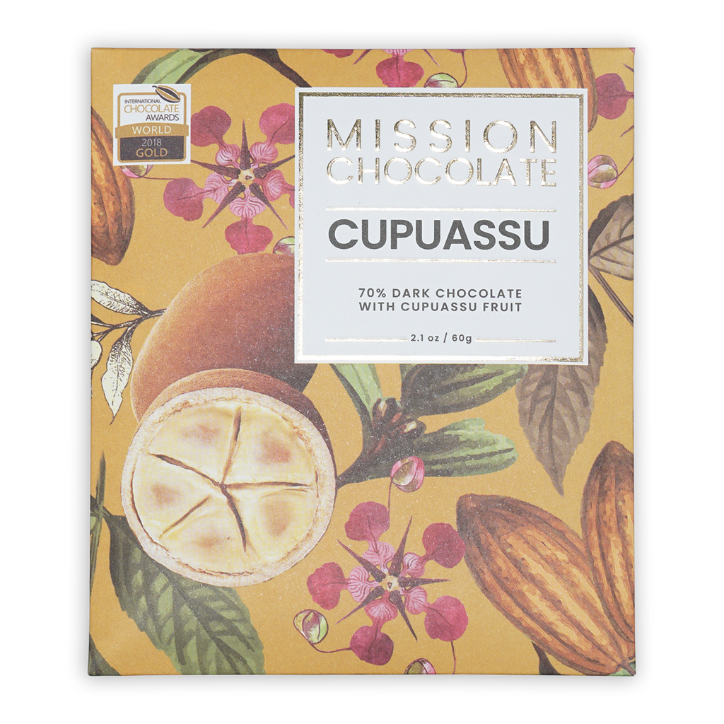 Mission Chocolate Cupuacu 70% dark chocolate bar in yellow wrapper