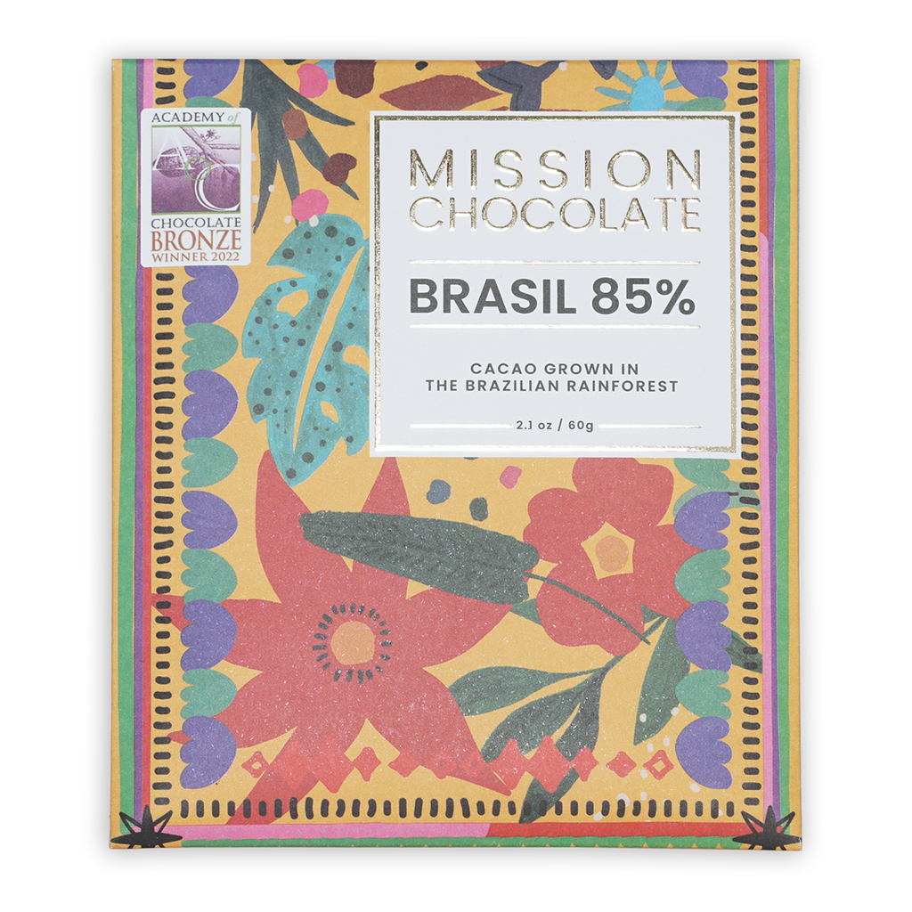 Mission Chocolate Escuro 85% dark chocolate bar in vibrant tropical wrapper