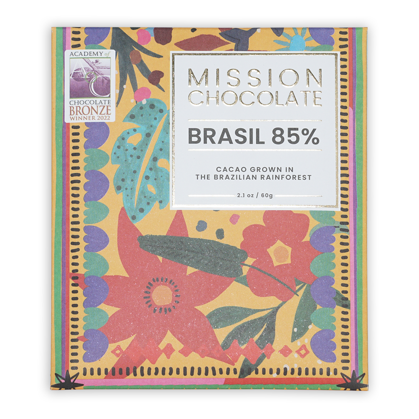 Mission Chocolate Escuro 85% dark chocolate bar in vibrant tropical wrapper