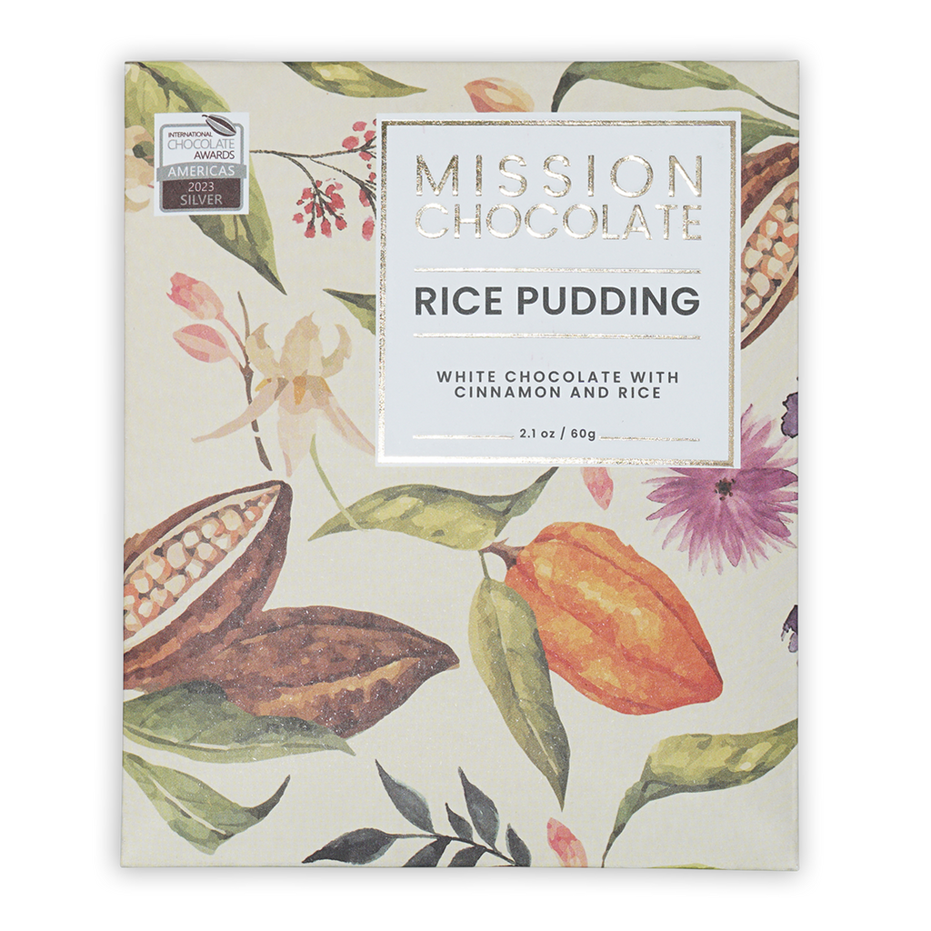 Mission Chocolate Horchata white chocolate bar with cinnamon rice pudding in elegant botanical box